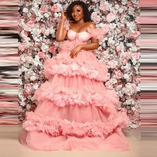 Pink Sweetheart Tulle Dress: Ruffles, Floor Length, Formal Gown