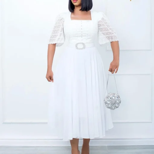 Fashionable Plus Size A-line Dress with Beaded Belt Detail - Image 2