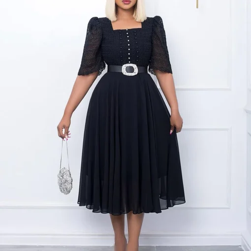 Fashionable Plus Size A-line Dress with Beaded Belt Detail