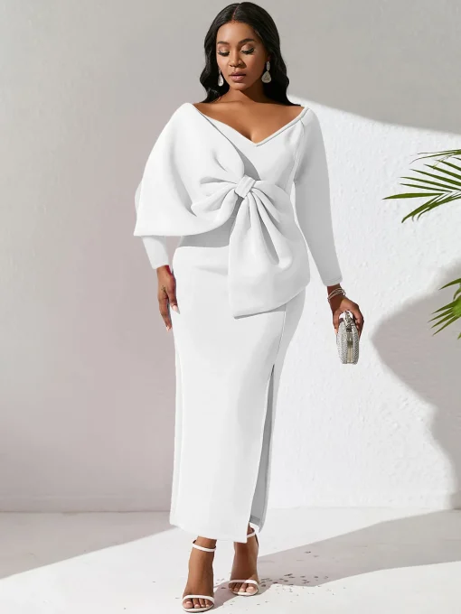 Autumn/Winter Plus Size Deep V-Neck Bow Party Long Dress - Image 3