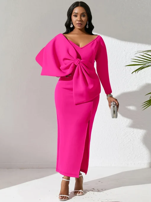 Autumn/Winter Plus Size Deep V-Neck Bow Party Long Dress