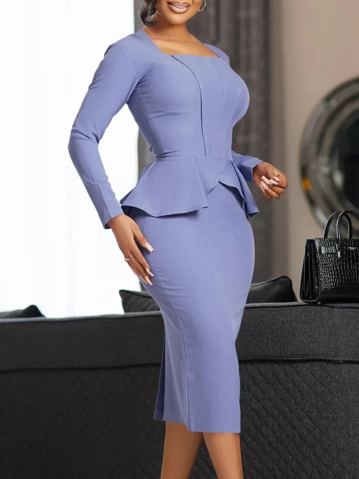 Elegant Ruffled Square Neck Plus Size Pencil Dress - Autumn/Winter - Image 2