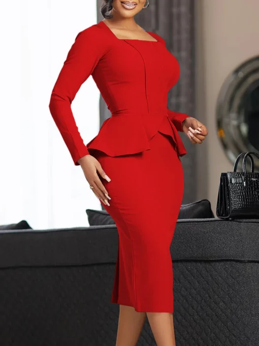 Elegant Ruffled Square Neck Plus Size Pencil Dress - Autumn/Winter