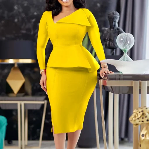 Autumn Plus Size Solid Color Dress - Diagonal Neck Elegance - Image 3