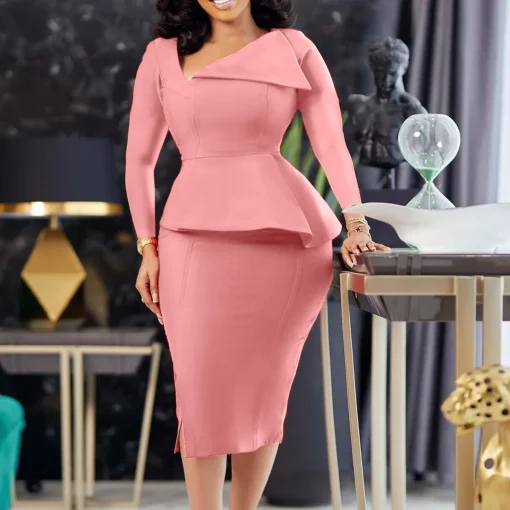 Autumn Plus Size Solid Color Dress - Diagonal Neck Elegance