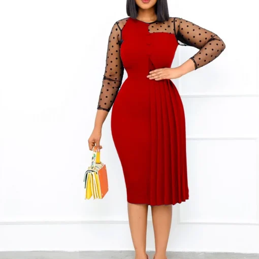 Elegant Plus Size Evening Dress: Mesh Splicing, Solid Color - Image 3