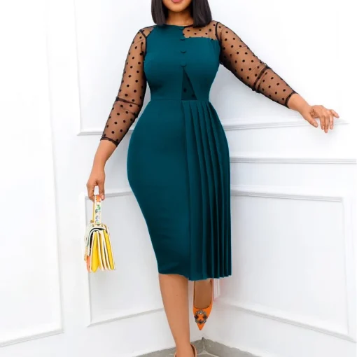 Elegant Plus Size Evening Dress: Mesh Splicing, Solid Color