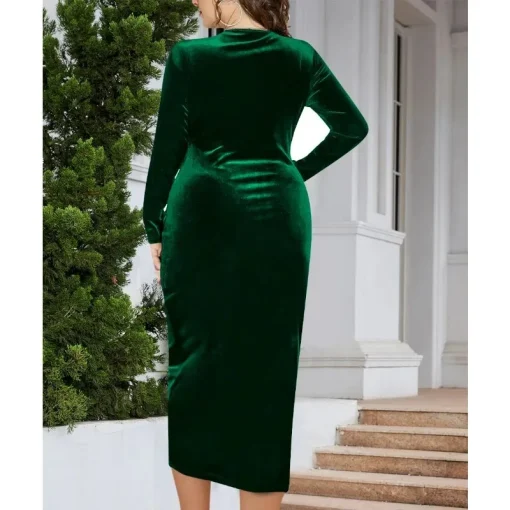 Elegant Velvet Cocktail Dress: Plus Size, Long Sleeve, Pleated V-Neck - Image 3