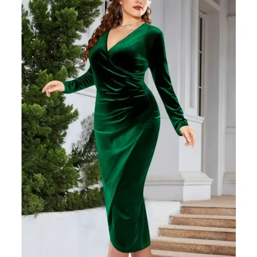 Elegant Velvet Cocktail Dress: Plus Size, Long Sleeve, Pleated V-Neck