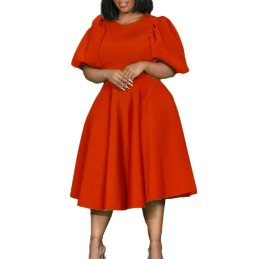 Chic Plus Size Elegant A-Line Dress - Bubble Sleeves - Image 5