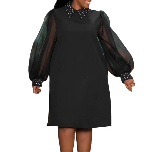 Elegant Plus Size Pearl Studded A-Line Mesh Sleeve Dress - Image 5