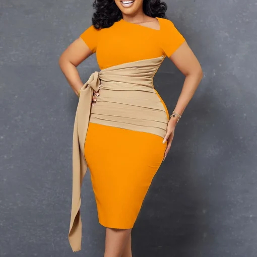 Elegant Plus Size Diagonal Collar Color Matching Pleated Dress - Image 2