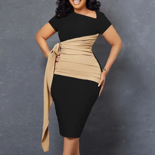 Elegant Plus Size Diagonal Collar Color Matching Pleated Dress - Image 3