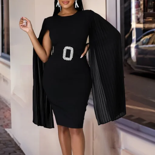 Elegant Plus Size High-Waisted Cape Dress – Fashionable Solid Color - Image 2