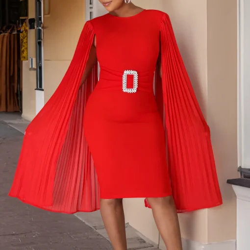 Elegant Plus Size High-Waisted Cape Dress – Fashionable Solid Color