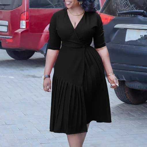 V-Neck Plus Size Summer Dress - Elegant Pleats - Image 4