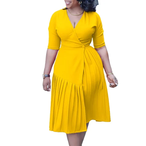 V-Neck Plus Size Summer Dress - Elegant Pleats - Image 5