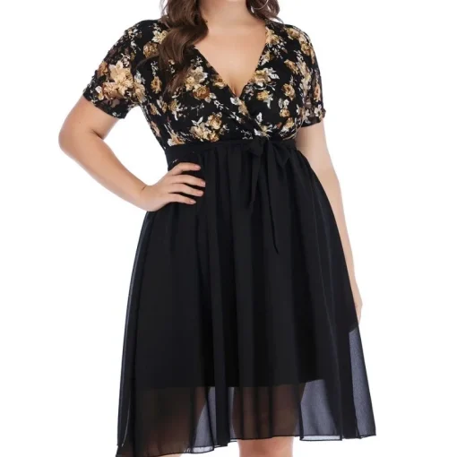 Floral Print V-Neck Dress: Plus Size, High Waist Elegance - Image 5