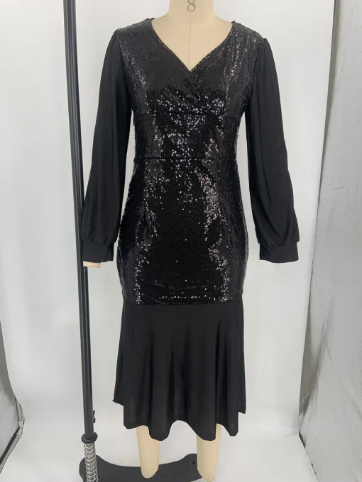 Sequin Midi Dress: Plus Size, Lantern Sleeve, V-Neck Bodycon - Image 5