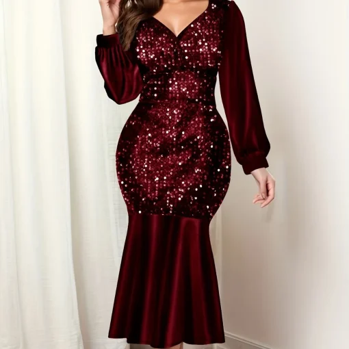 Sequin Midi Dress: Plus Size, Lantern Sleeve, V-Neck Bodycon