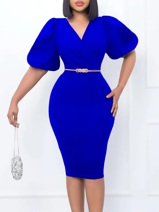 Chic Plus Size V-Neck Dress - Summer Bubble Sleeves - Image 3