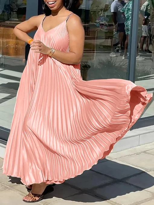 Summer Plus Size V-Neck Suspender Pleated Long Dress