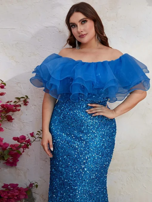 Strapless Mesh Splicing Sequin Party Dress - Elegant Plus Size