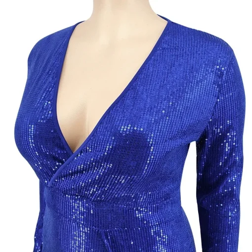 Blue Velvet Sequin Maxi Dress: Elegant V-Neck, Long Sleeve, Plus Size - Image 5