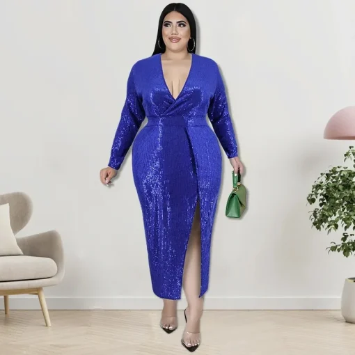 Blue Velvet Sequin Maxi Dress: Elegant V-Neck, Long Sleeve, Plus Size