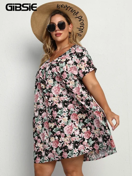 Plus Size V-Neck Floral Tunic Dress - Boho Casual - Image 2