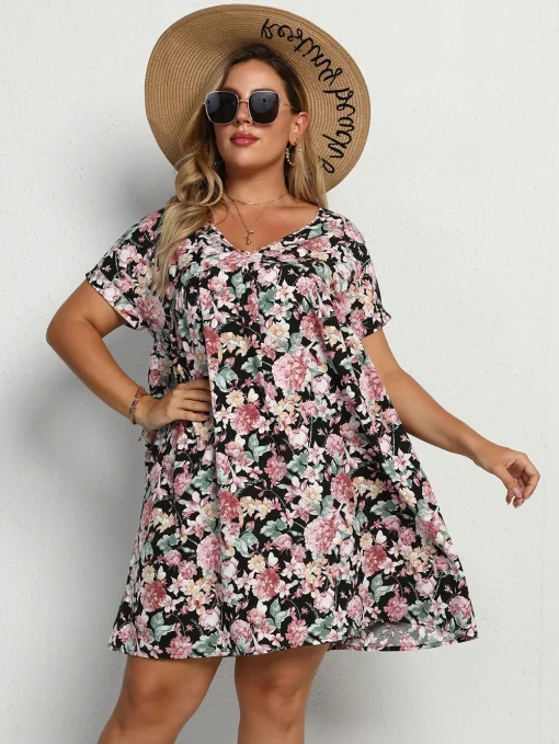 Plus Size V-Neck Floral Tunic Dress - Boho Casual - Image 6