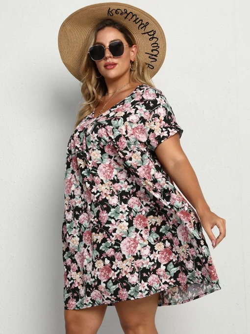 Plus Size V-Neck Floral Tunic Dress - Boho Casual