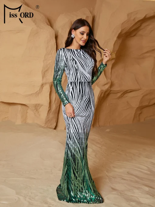 Green Gradient Sequin Evening Dress - Image 3