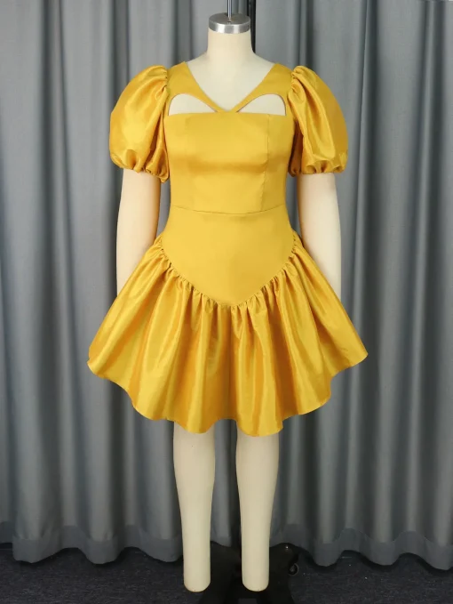 Yellow Shiny Cut Out Mini Party Dress - Image 2