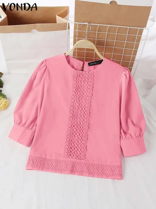 Elegant Lace Patchwork Puff Sleeve Blouse - Image 2