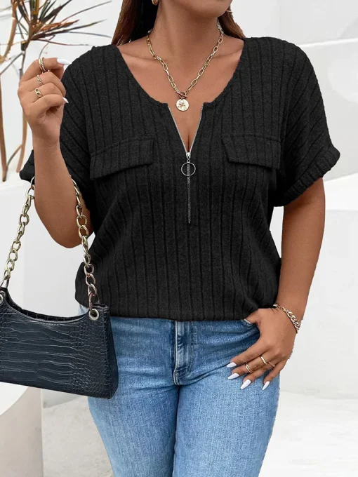 Plus Size Zip Front Rib Knit T-Shirt - Image 2