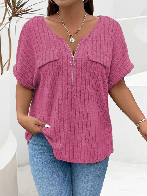 Plus Size Zip Front Rib Knit T-Shirt - Image 3