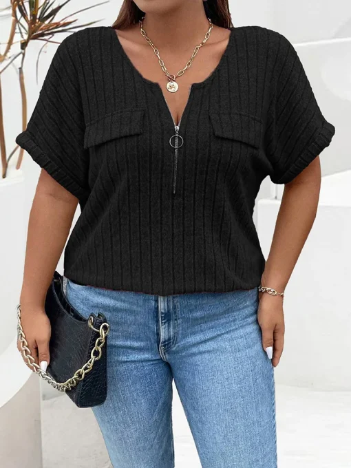 Plus Size Zip Front Rib Knit T-Shirt - Image 4