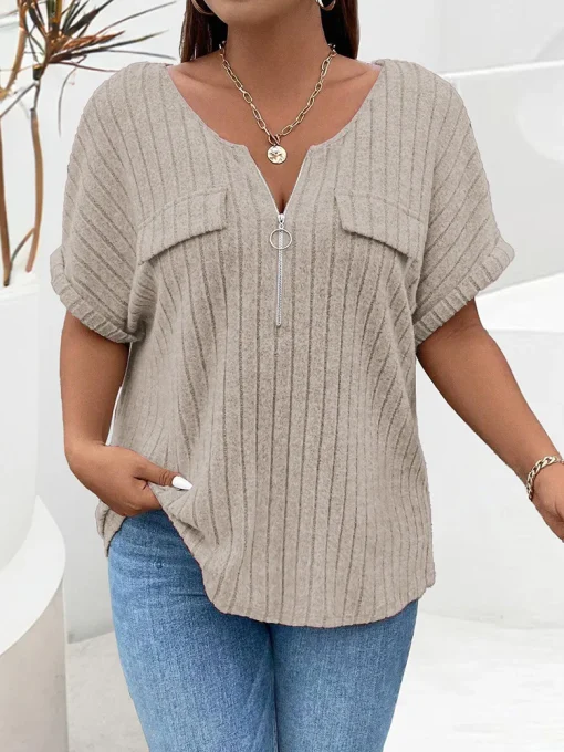 Plus Size Zip Front Rib Knit T-Shirt - Image 5