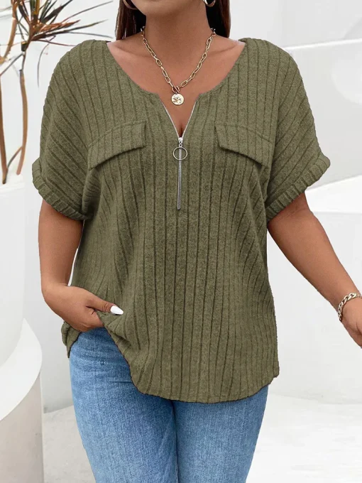 Plus Size Zip Front Rib Knit T-Shirt