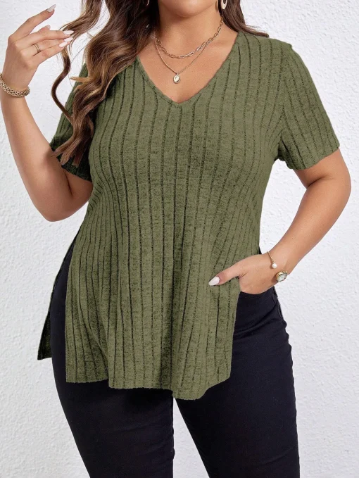 Plus Size V-Neck Rib-Knit Summer Tee - Image 2