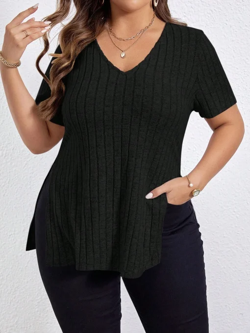 Plus Size V-Neck Rib-Knit Summer Tee - Image 3