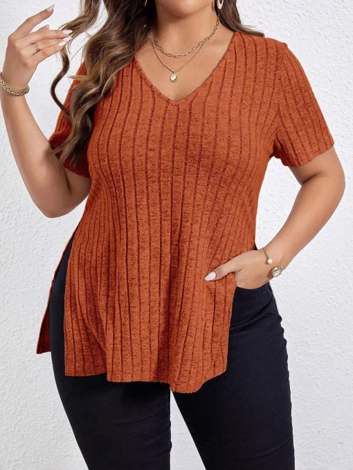 Plus Size V-Neck Rib-Knit Summer Tee - Image 4