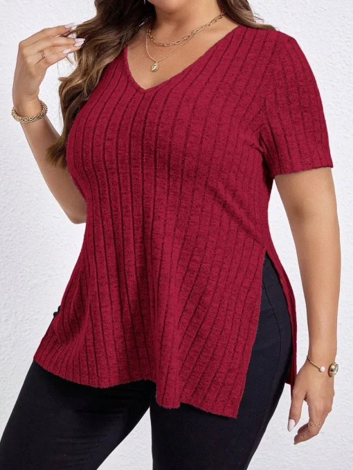 Plus Size V-Neck Rib-Knit Summer Tee - Image 5