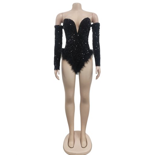 Vintage Sequined Fur Hem Bodysuit