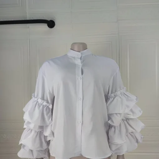 Women's Ruffled Sleeve Button-Up Shirt - Summer Office Top - Image 6