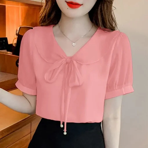 Elegant Women's Short Sleeve Solid Color Blouse - Image 6