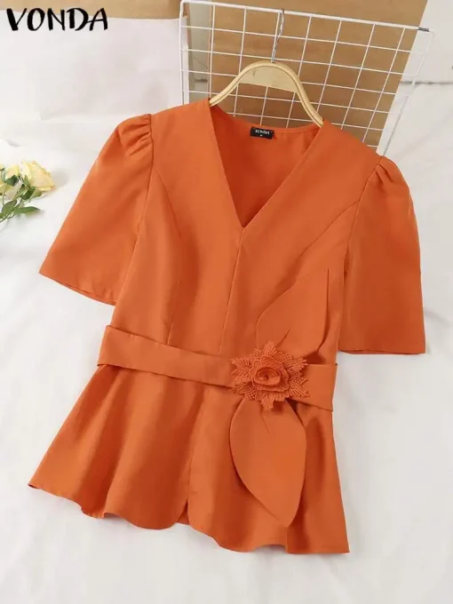 Summer V-Neck Puff Sleeve Blouse - Image 4