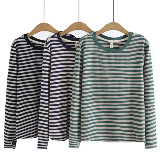 Plus Size Striped Long Sleeve Cotton T-Shirt - Image 3