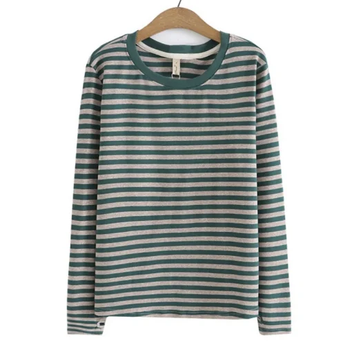 Plus Size Striped Long Sleeve Cotton T-Shirt